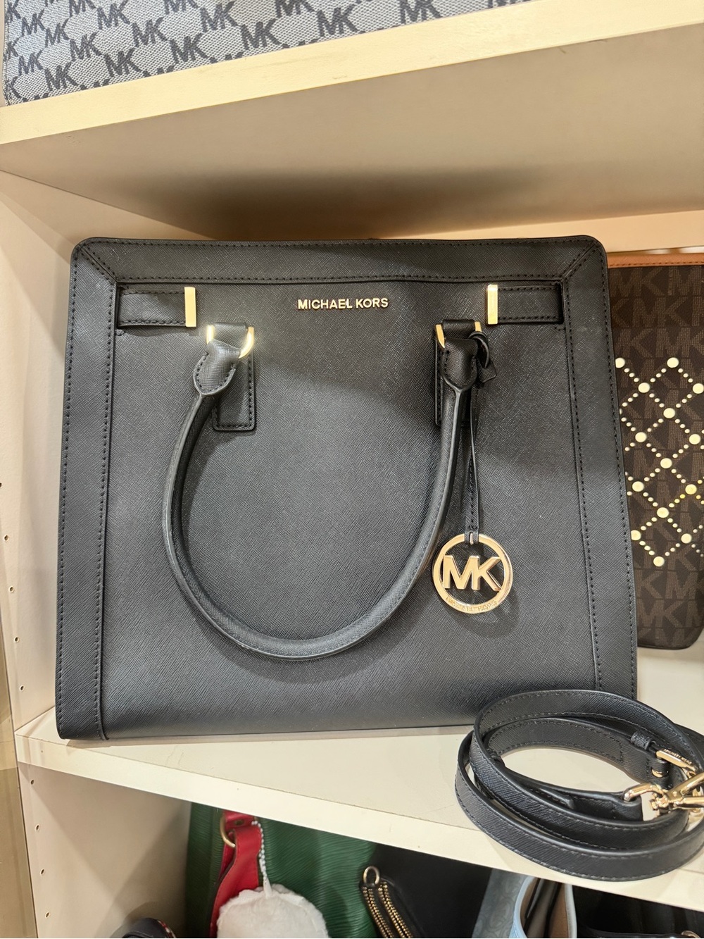 Michael Kors Black Saffiano Satchel with Gold MK Charm